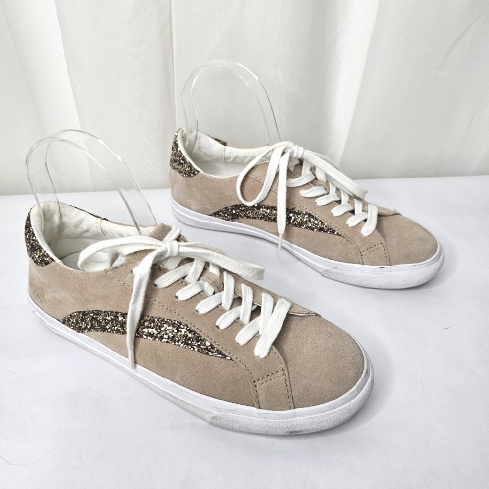 Madewell Sidewal Low-Top Sneaker Beige Suede Leather With Glitter Accent Size 8